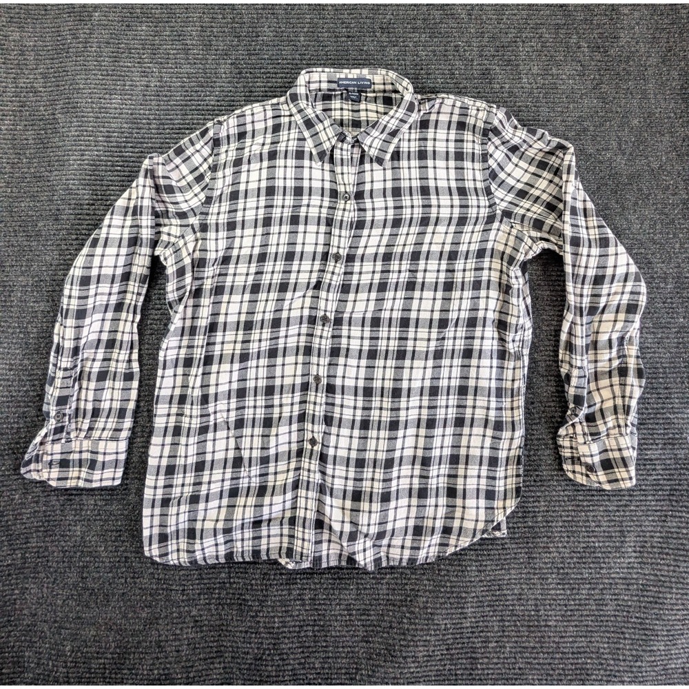 American Living Shirt Womens XL Black White Plaid Cotton Flannel Classic Button